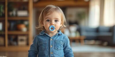 Cute toddler with pacifier standing in cozy living room during daytime in a stylish home environment photo