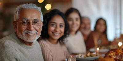 An older man is smiling at the camera while sitting at a table with his family photo