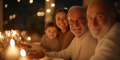 A family sitting at a dinner table with candles photo