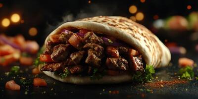 Mouthwatering kebab wrap with tender meat and fresh vegetables served on a dark backdrop photo