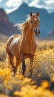 Majestic golden horse trotting through a field of vibrant yellow flowers in a picturesque mountain landscape during daylight photo