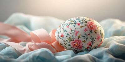 Beautifully decorated Easter egg with floral patterns and soft ribbons on a light fabric backdrop photo