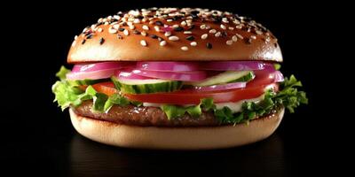 Delicious hamburger with sesame seed bun topped with fresh vegetables on dark background photo