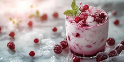 Refreshing berry smoothie served in a glass with ice and mint on a marble surface photo