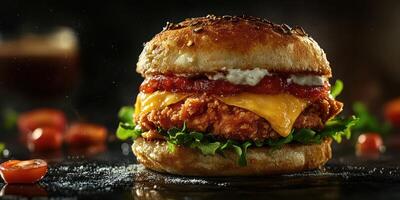 Juicy fried chicken burger with melted cheese and fresh toppings on a dark background photo