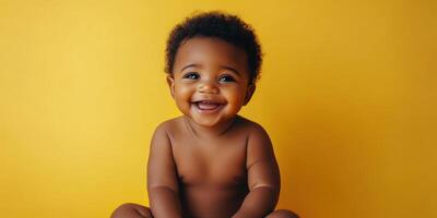 Baby smiles joyfully in front of a bright yellow background during a playful indoor session photo