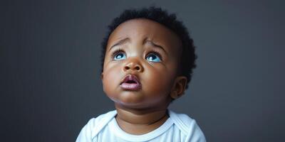 Baby with large blue eyes looking upwards in a curious expression against a gray backdrop photo