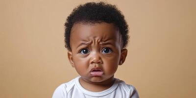 Child with a confused expression showing curiosity and concern in a neutral setting photo