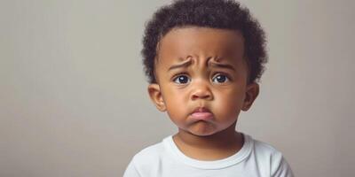 Little child with a sad expression sitting against a neutral background in a cozy indoor setting photo