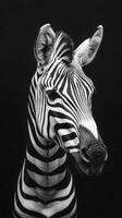 Striking close-up of a zebra showcasing intricate black and white patterns with a focused gaze in a dark environment photo