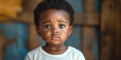 Emotionally expressive young child with curly hair gazes thoughtfully in a rustic setting during daylight photo
