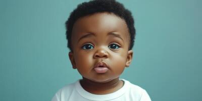Curious infant with big eyes and natural curly hair gazes at the camera against a soft blue background photo