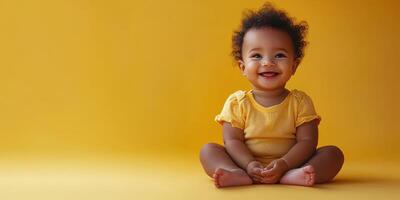 Happy baby sitting on a bright yellow background, smiling and enjoying playful moments at home photo