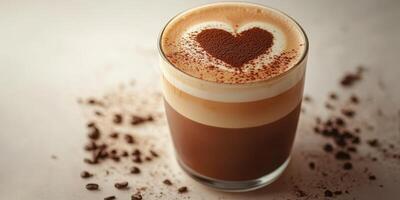 Creamy coffee drink with heart-shaped cocoa design on top surrounded by coffee beans photo