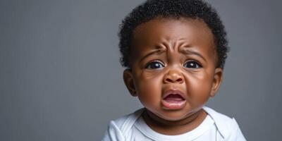 Baby expressing emotions in a studio setting with neutral background during a candid moment photo
