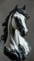 Detailed sculpted bust of a horse showcasing fine craftsmanship and artistic expression in monochrome tones photo