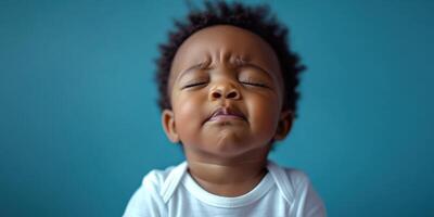 Expressive toddler showing a range of emotions against a vibrant blue background photo