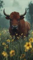 Brown cow grazing among yellow flowers in a lush green meadow under cloudy skies during a serene morning photo