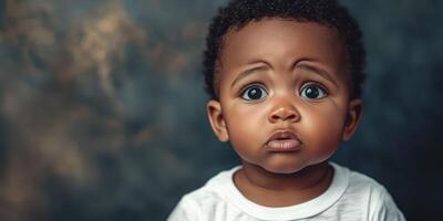 Curious toddler with expressive eyes gazes thoughtfully at the viewer in an artistic portrait setting photo