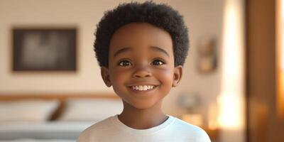 Young boy smiles in cozy bedroom with warm light shining through the window during a cheerful moment of joy photo