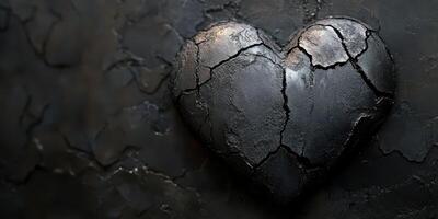 Heart shape created from cracked dark material set against a textured black background evokes deep emotional expression photo