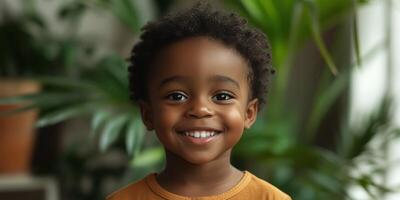 Young child smiling joyfully in a bright indoor space surrounded by green plants in the early afternoon light photo
