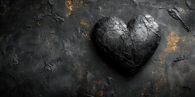 Heart-shaped stone on textured dark surface with gold accents creates a striking visual contrast and a sense of depth photo