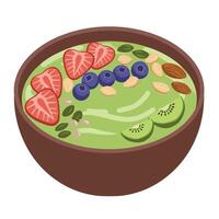A bowl of green smoothie with strawberries, blueberries and almonds vector