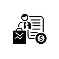 A black and white icon of a man with a briefcase and a dollar sign vector