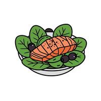 Salmon salad with olives and spinach illustration vector