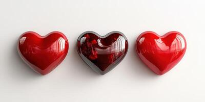 Heart-shaped decorations in vibrant red colors placed on a simple white background perfect for romantic themes photo