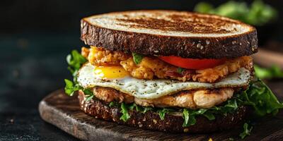 Delicious sandwich made with fried chicken, egg, lettuce, and tomato on toasted bread photo
