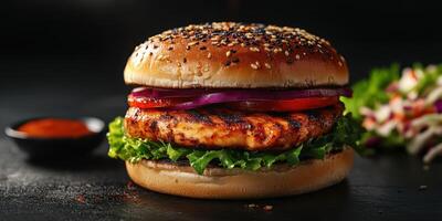 Grilled chicken burger with fresh vegetables and sauces served on a sesame seed bun for a delicious meal photo