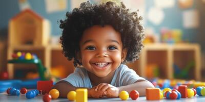 Joyful child playing with colorful blocks in a bright indoor space surrounded by toys and learning materials photo