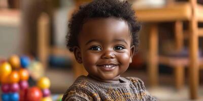 Toddler smiles brightly while playing in a cozy indoor setting filled with colorful toys photo