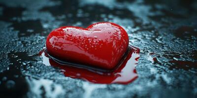 Red heart shape sitting on wet surface with droplets glistening in dim light during evening photo