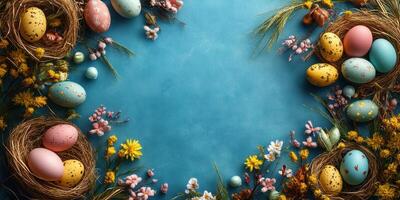 Colorful Easter eggs in decorated nests surrounded by spring flowers on a blue background photo