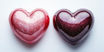 Heart-shaped candies in vibrant colors displayed on a smooth white surface highlighting texture and shine photo