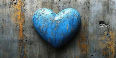 Blue heart sculpture on weathered concrete wall showcasing urban art style and texture photo