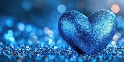 Bright blue heart sparkles on a bed of shimmering blue glitter reflecting light in a romantic setting photo