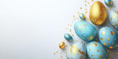 Colorful Easter eggs with golden accents arranged on a clean background for spring festivities photo
