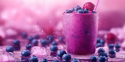 Refreshing berry smoothie served in a chilled glass surrounded by fresh blueberries and ice on a soft pink background photo