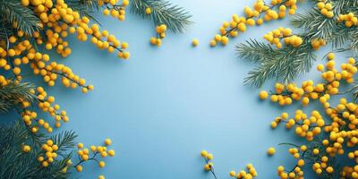 Bright yellow mimosa flowers and green foliage arranged on a blue background for a springtime celebration photo