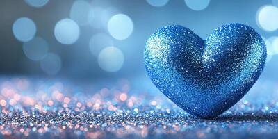 Sparkling blue heart glittering on a shimmering surface surrounded by soft bokeh lights at a festive event photo