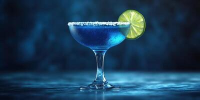 Refreshing blue cocktail served in a sleek glass with a lime garnish on a dark atmospheric background photo