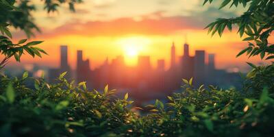 Sunset view of a city skyline framed by lush green foliage, capturing a tranquil evening atmosphere photo