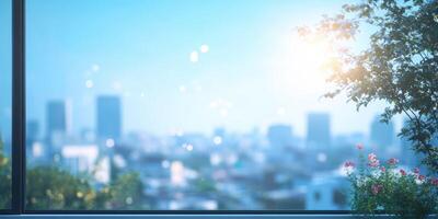 City skyline view from a modern building with plants in the foreground during sunrise photo