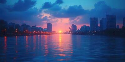Sunset over the river with city skyline reflecting vibrant colors and lights during evening hours photo