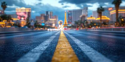Vibrant Las Vegas Strip captured at dusk with illuminated skyline and wet pavement reflecting city lights photo