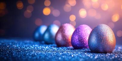 Colorful glitter eggs lined up on a sparkling surface with blurred lights in the background during a festive season photo